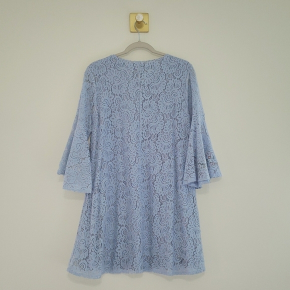 Umgee Floral Lace Embroidered Mini Dress Small Periwinkle Flare Sleeve V-neck - Picture 6 of 13